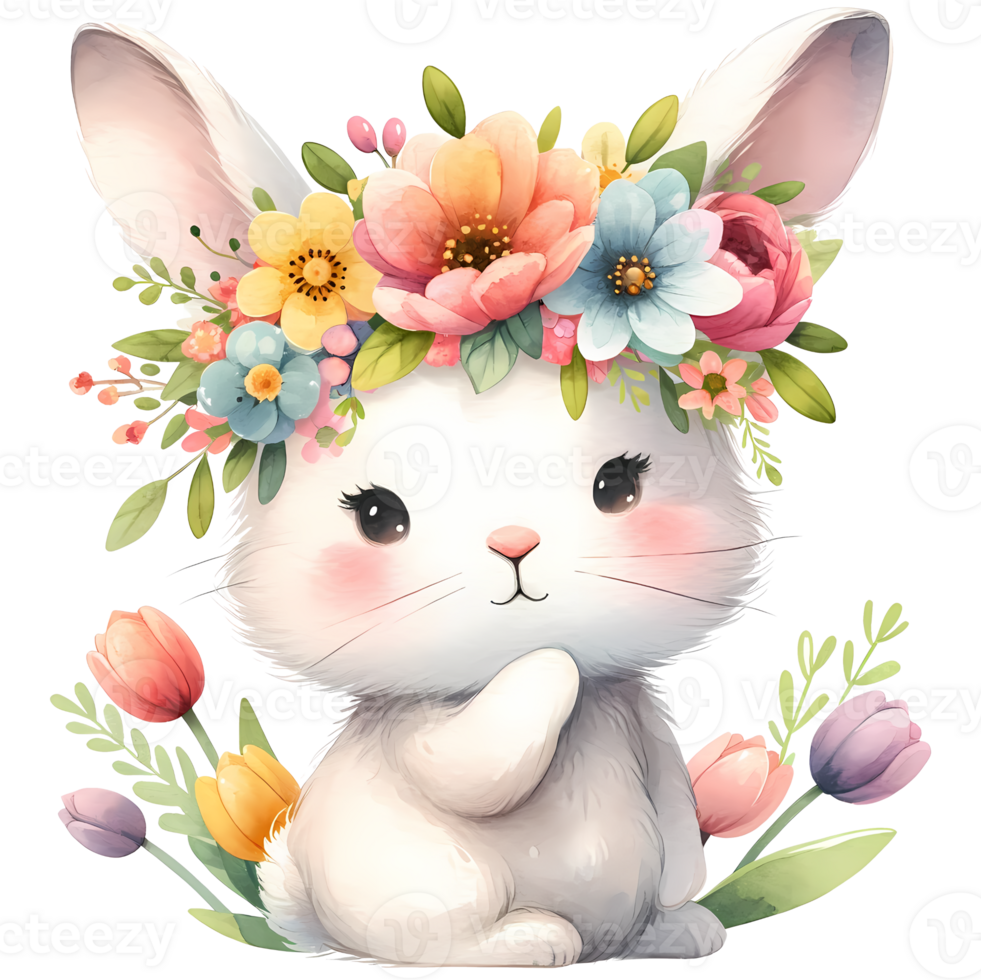 AI generated Easter day, a cute bunny with eggs and flowers png