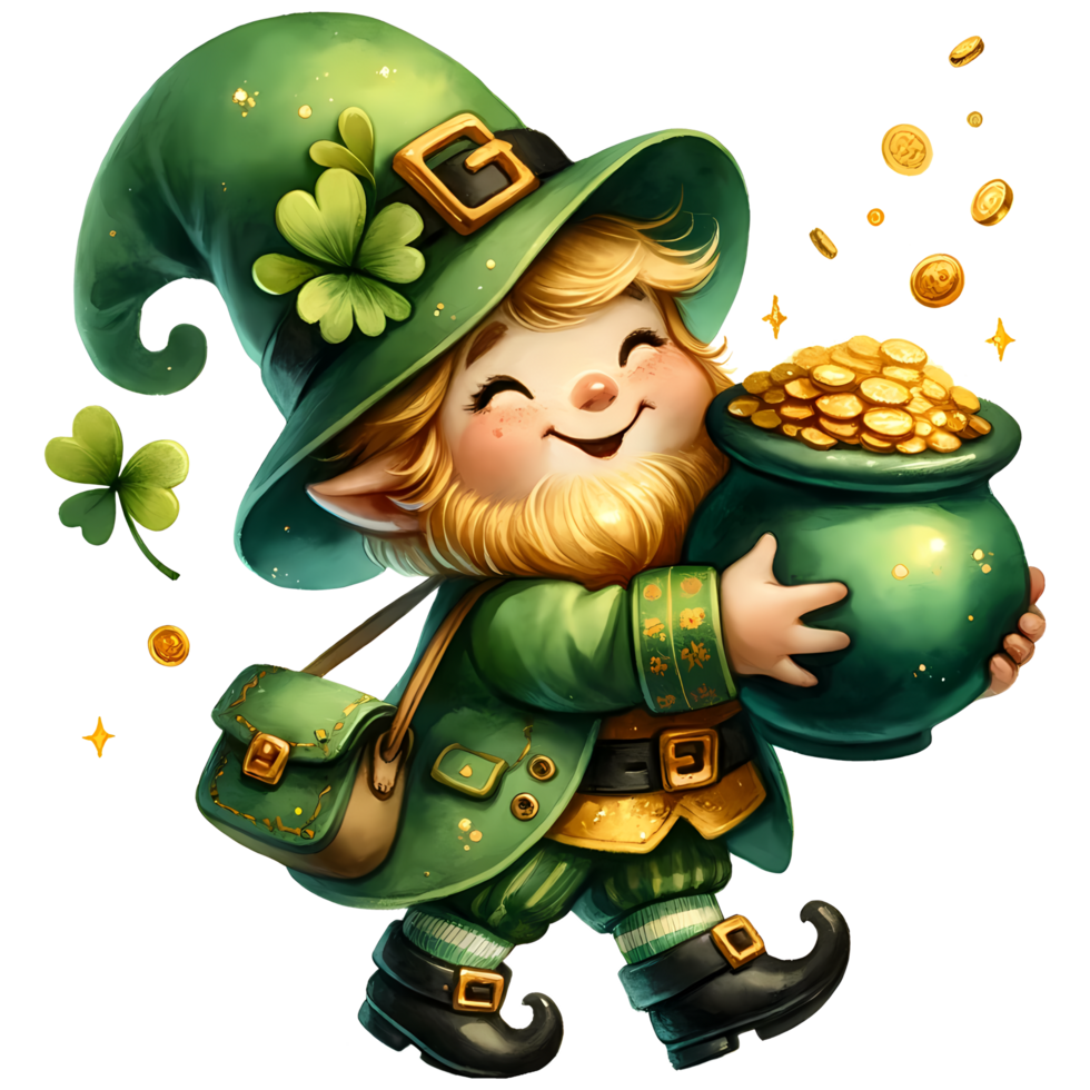 ai gerado ilustração do uma duende segurando uma Panela do ouro, st patrick dia duende png