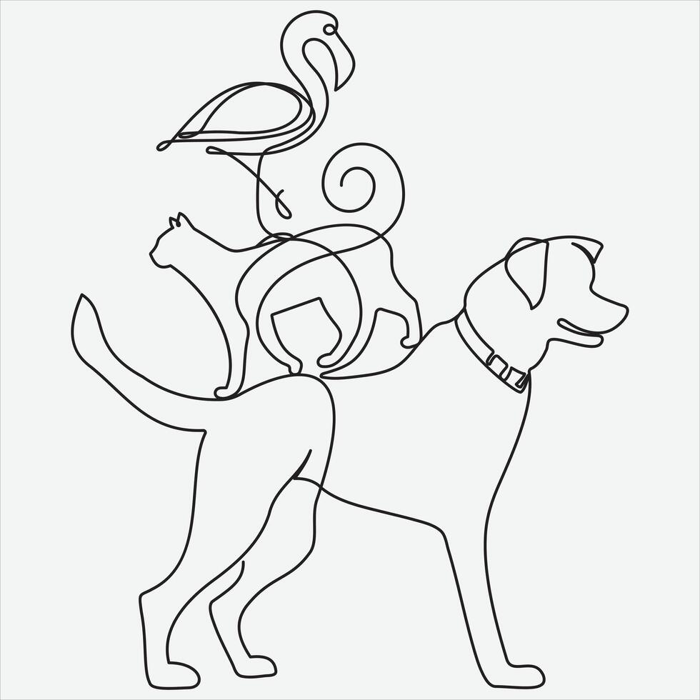 Continuous line hand drawing vector illustration dog and cat art