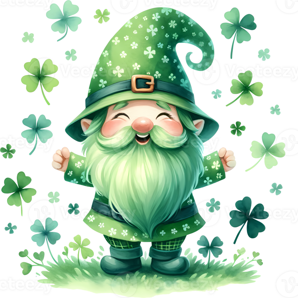 AI generated a cute gnome Leprechaun with clover. St. Patrick's Day illustration. png