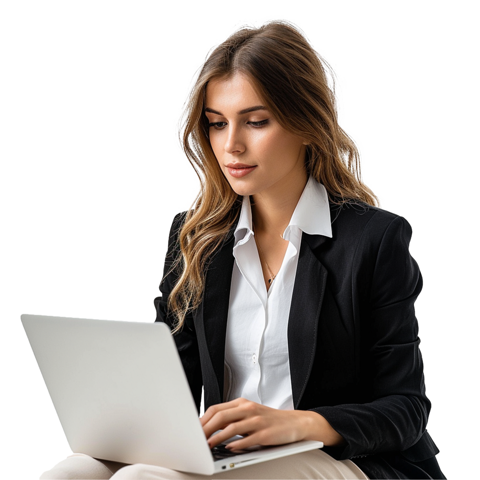 AI generated Businesswoman using laptop png isolated on transparent background