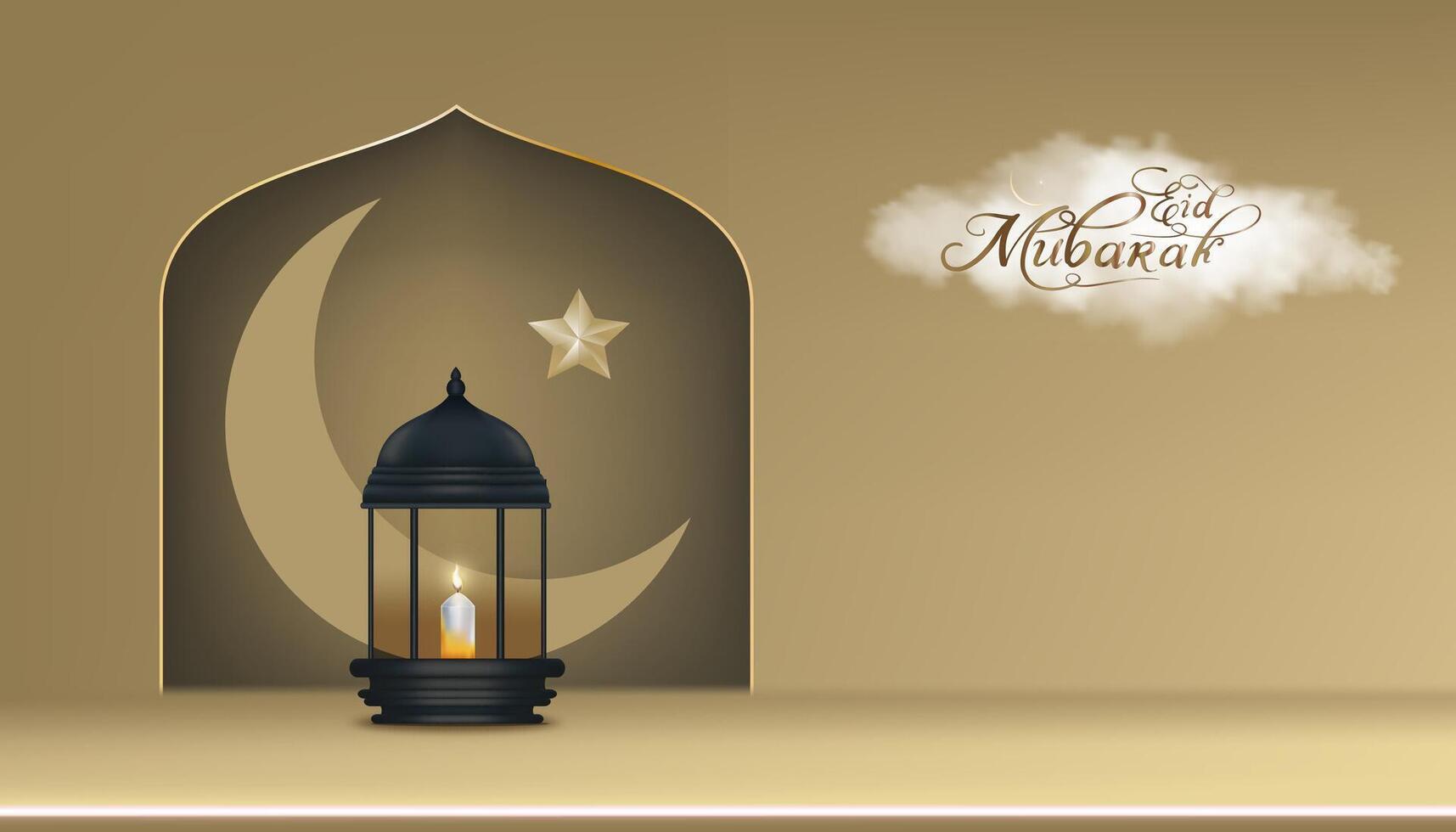 eid mubarak, ramadán kareem antecedentes con 3d podio islámico linterna, creciente luna, estrella, nube en oro pared fondo, vector religión de musulmán simbólico, eid Alabama fitr, eid Alabama adha, nuevo año muharram