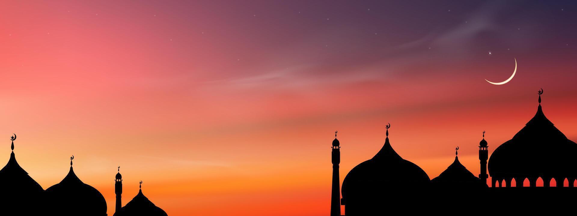 islámico fondo, cúpula mezquitas,media luna luna estrellada en oscuro azul cielo fondo, vector símbolo islámico religión con crepúsculo cielo, bandera eid Alabama adha, eid Alabama fitr, mubarak, nuevo año muharram, ramadán kareem