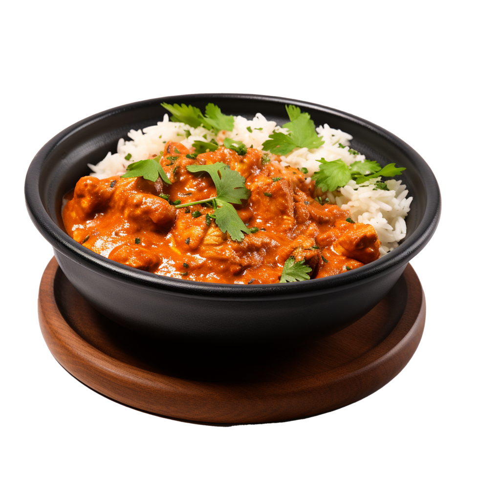 AI generated Indian butter chicken in black bowl png isolated on transparent background