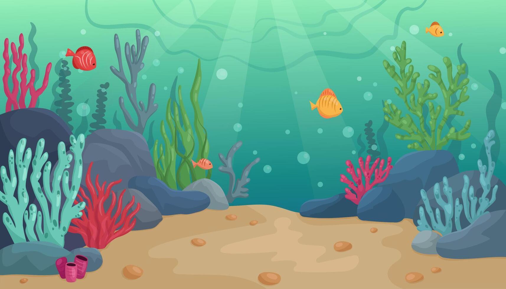 Underwater world scene, bottom of the sea, bottom of the ocean. Corals, algae, fish. Vector illustration