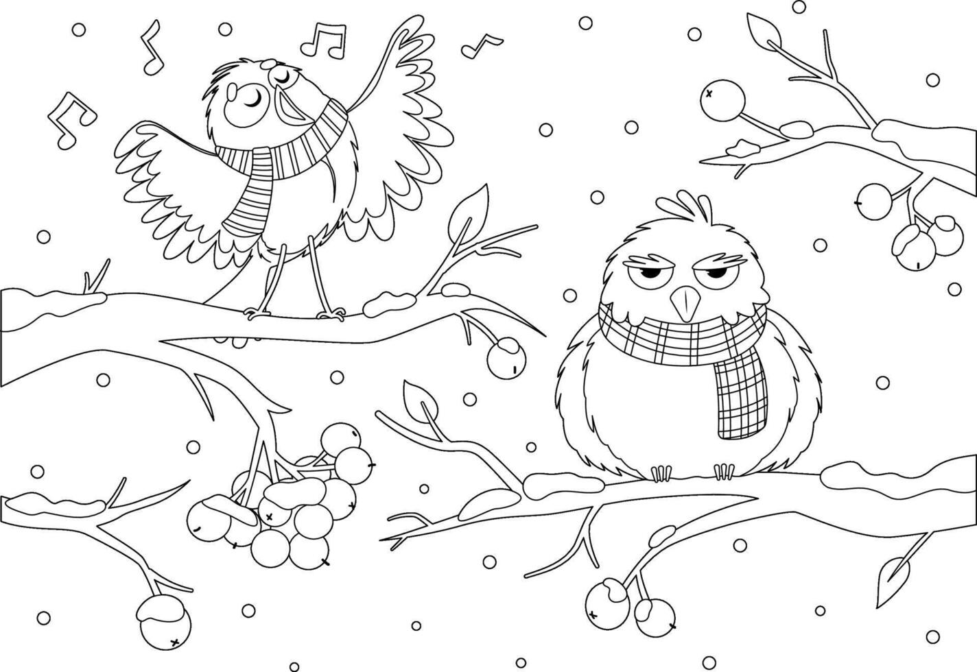 Coloring page with two birds sitting on branches in winter vector
