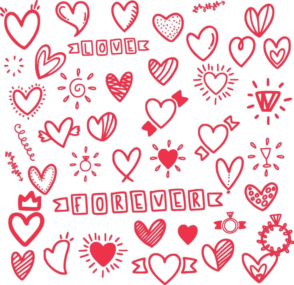 San Valentín día íconos conjunto corazón conjunto de corazones San Valentín día garabatos en rosado antecedentes vector