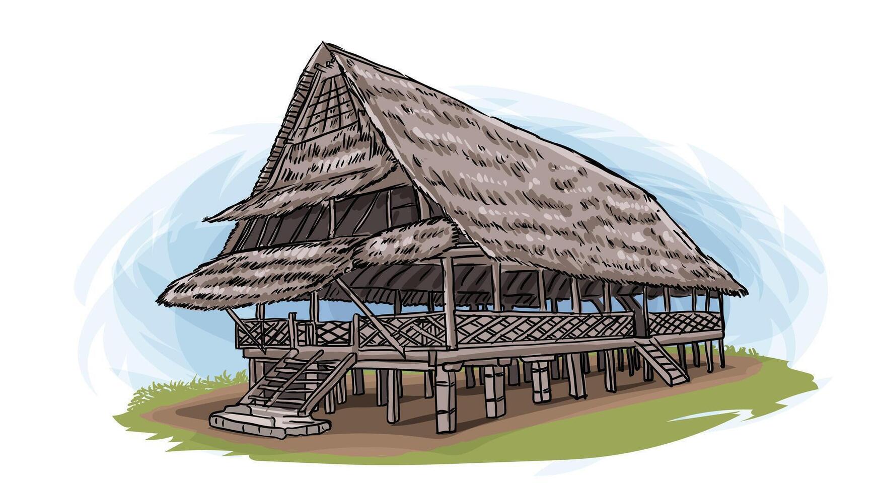 rumah bailo tradicional casa de maluku Indonesia dibujos animados mano dibujado ilustración vector