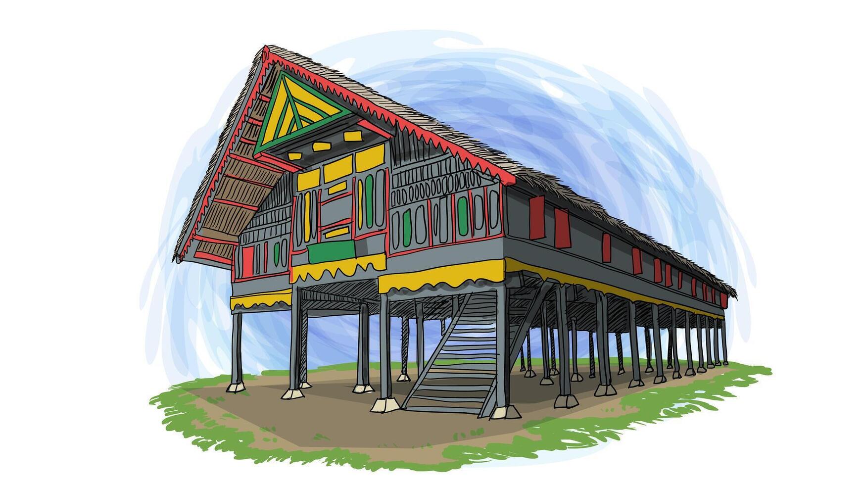 Rumoh Aceh Traditional Indonesia House Cartoon Hand Drawn Illustration vector