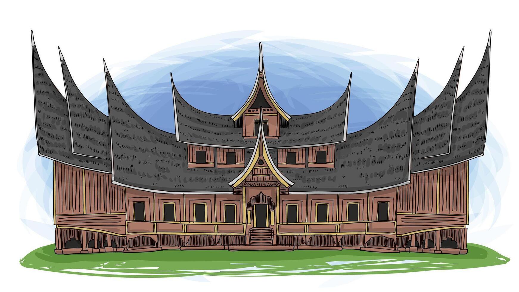 rumah Gadang Oeste Sumatra Indonesia tradicional casa dibujos animados mano dibujado ilustración vector