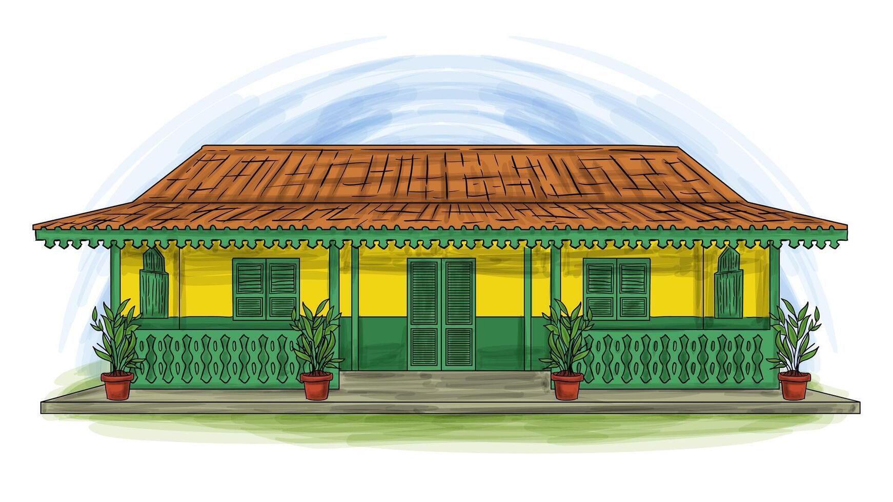 rumah betawi tradicional betawi Jacarta Indonesia casa dibujos animados mano dibujado ilustración vector