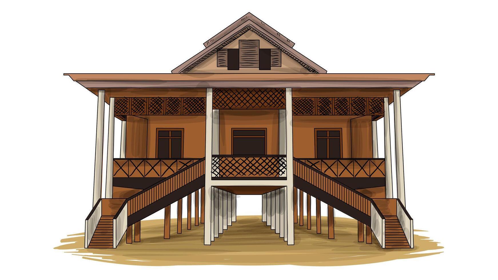 Rumah Dulohupa Central Sulawesi Indonesia Traditional House Cartoon Hand Drawn Illustration vector