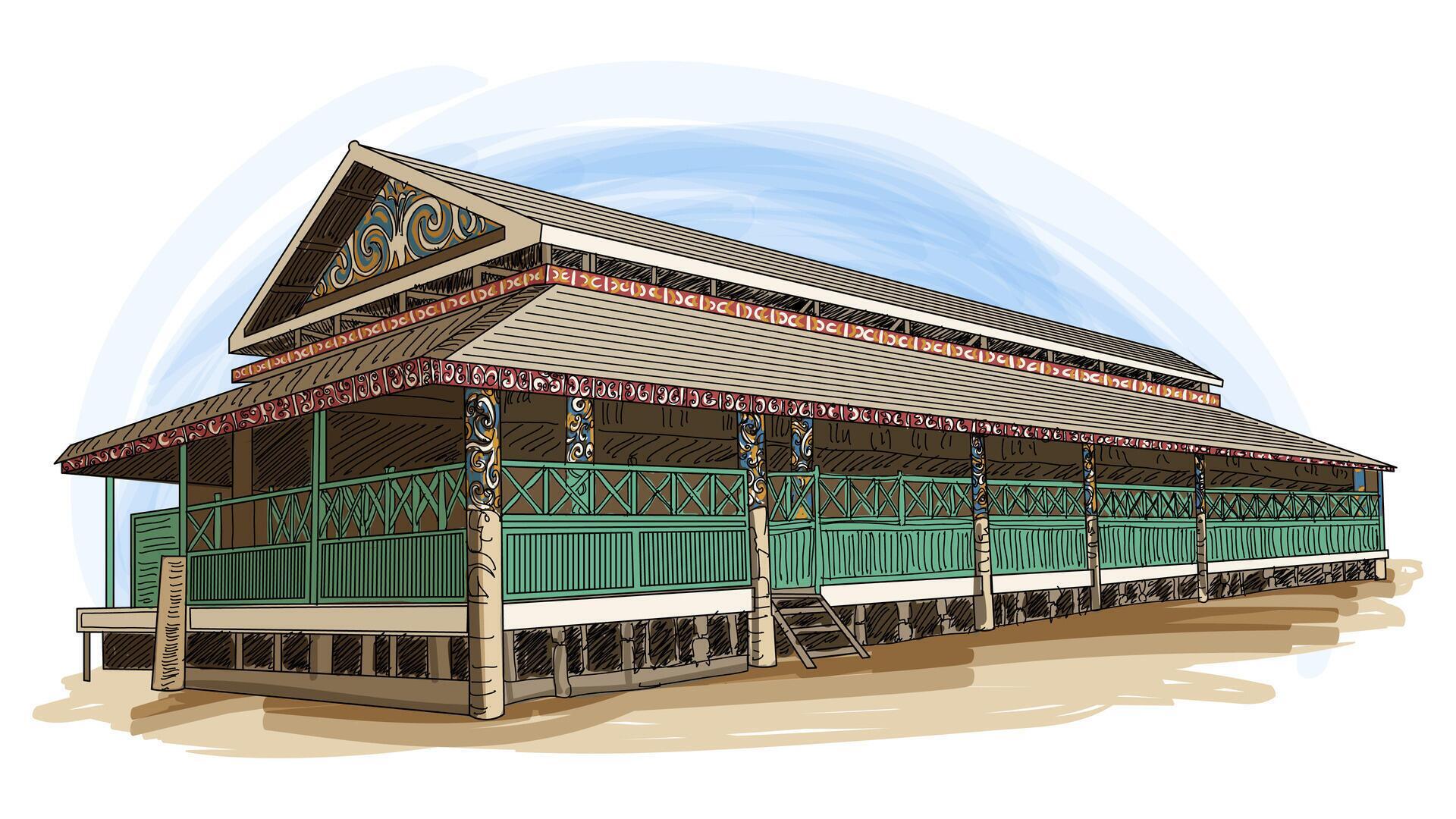 Rumah Lamin East Kalimantan Indonesia Traditional House Cartoon Hand