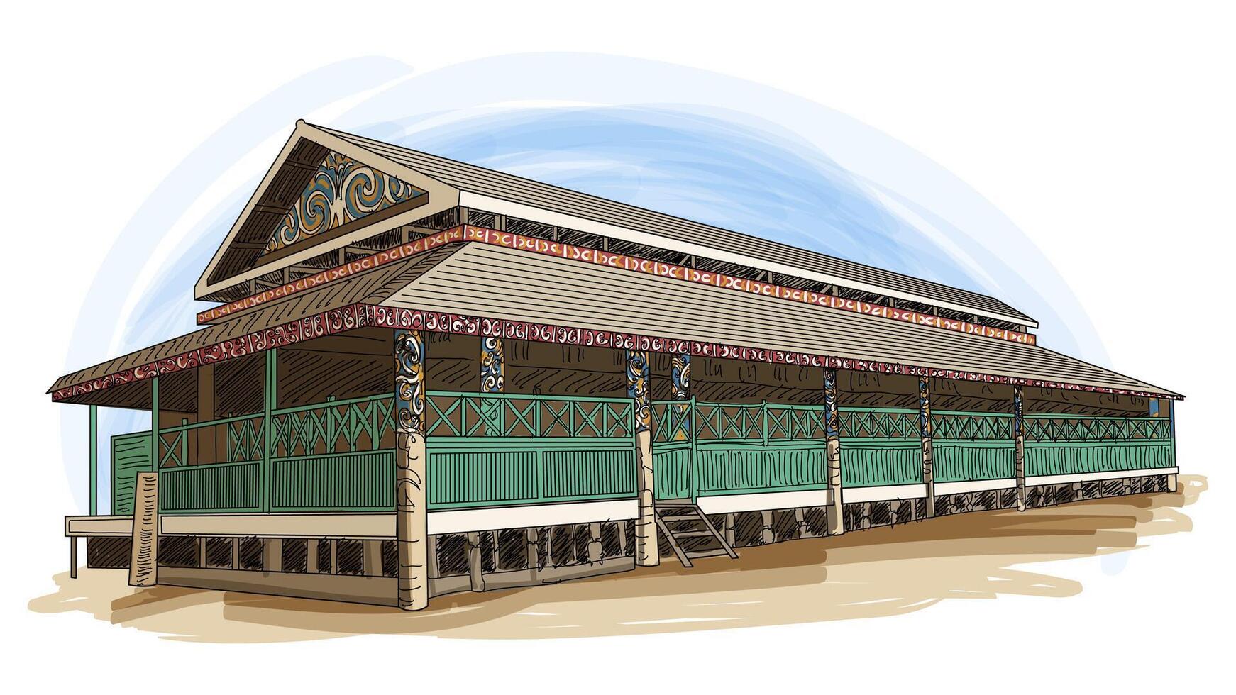 Rumah Lamin East Kalimantan Indonesia Traditional House Cartoon Hand