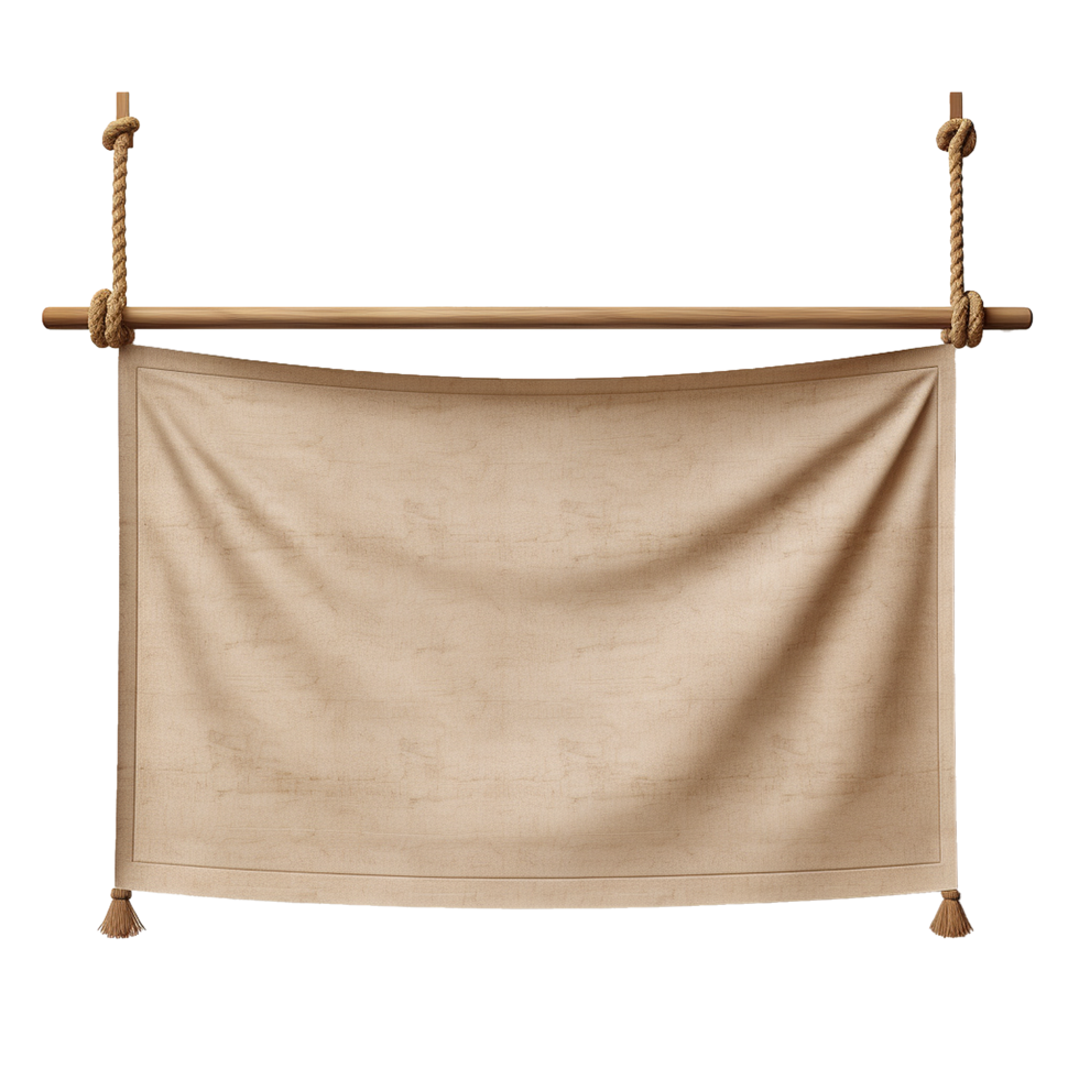 AI generated Realistic fabric banner hanging on ropes png isolated on transparent background