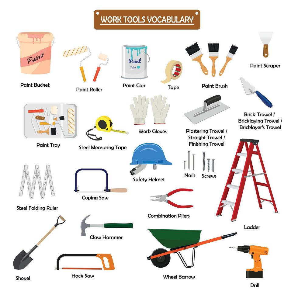 Set of work tools color vector. Icon for web, tag, label, mechanical shop, garage, repair shop, workshop. Symbol for mechanical engineering, carpentry, mechanic, engineer, carpenter, construction vector