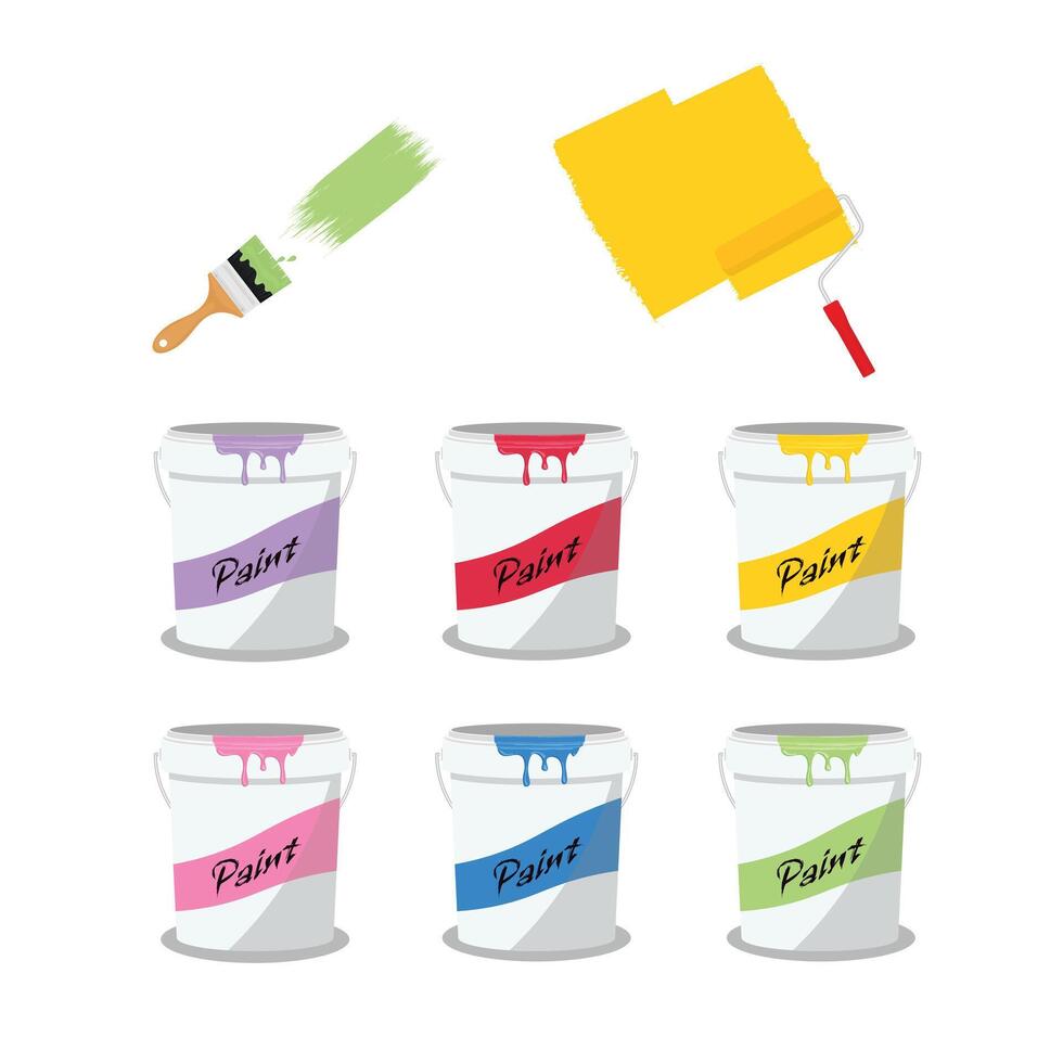 Set of paint buckets, paint roller and paint brush color illustration flat vector. Work tool. DIY tool. vector