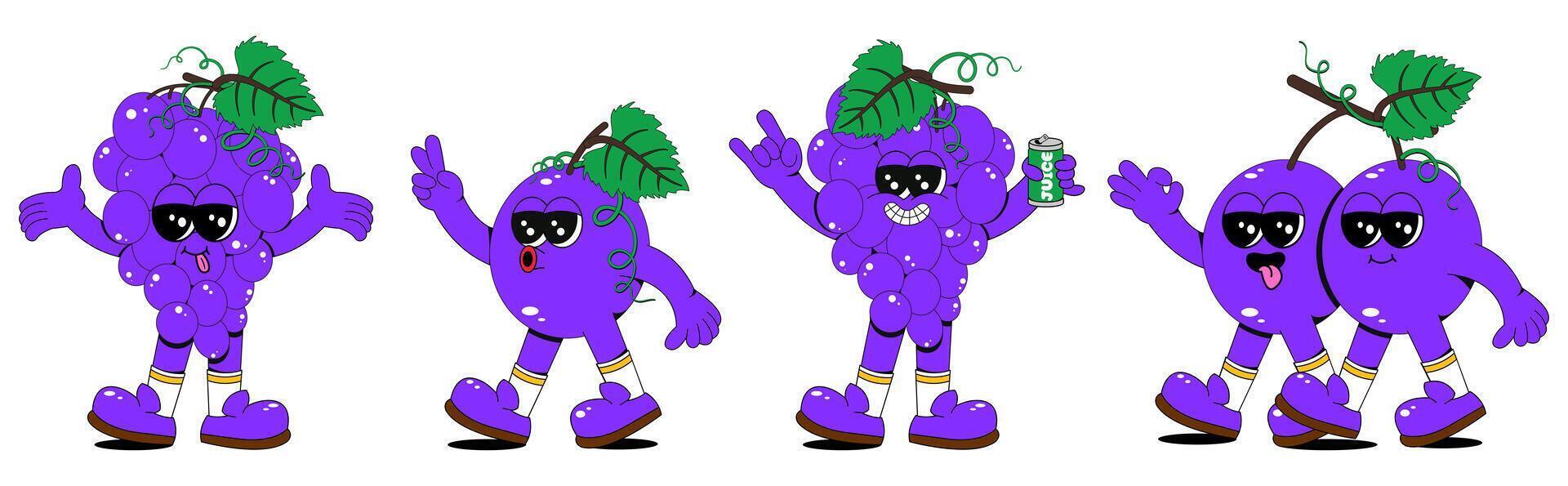 Set of retro cartoon grape characters. A modern illustration featuring cute grape mascots in different poses and emotions, creating a 70's comic book vibe. vector