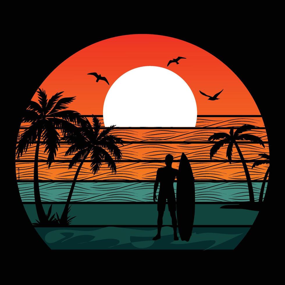 Retro Surf Sunset Unique Beach Tree Vintage Vector Design