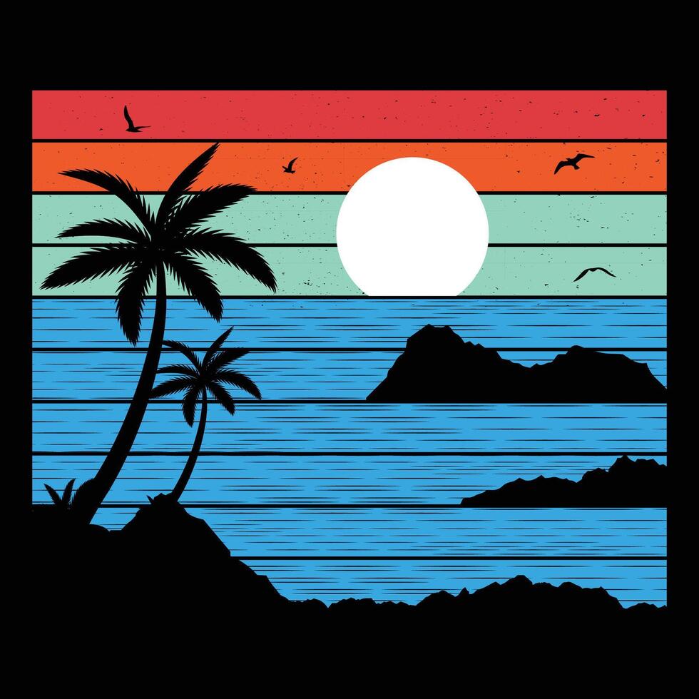 Retro Beach Sunset Mountain Vintage Vector Design