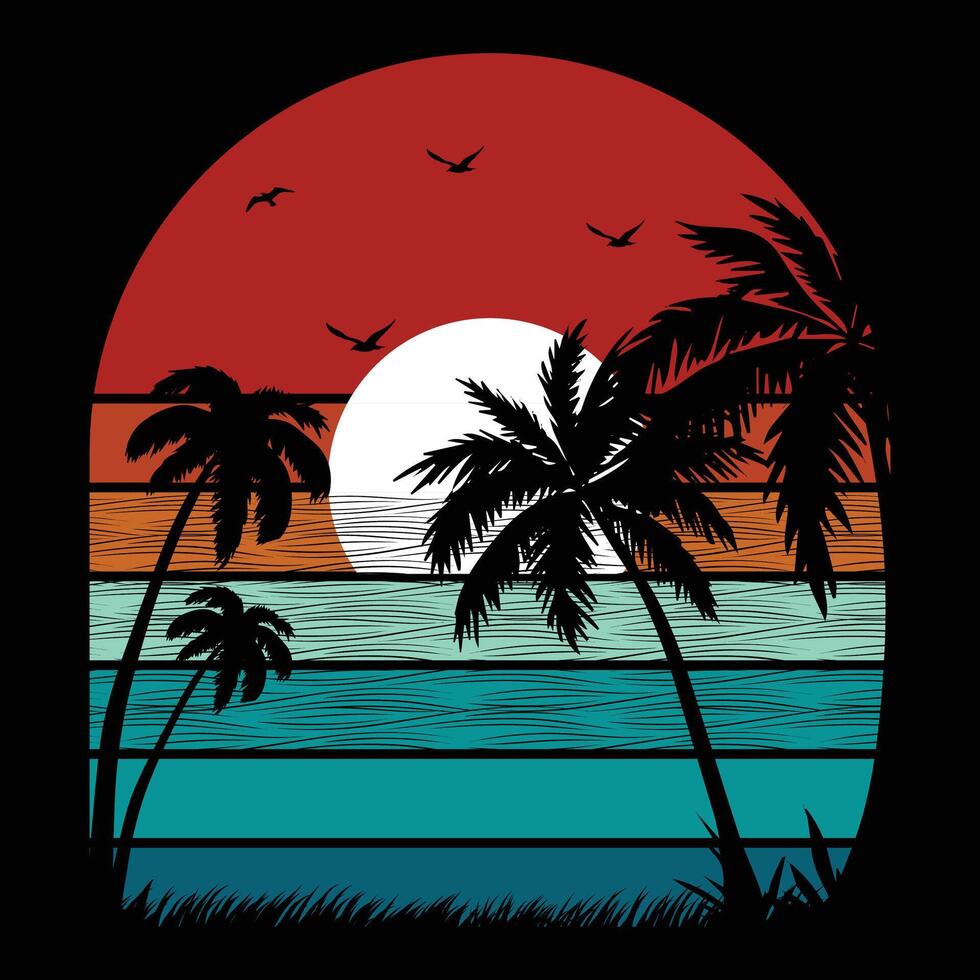 retro playa árbol único puesta de sol vector diseño