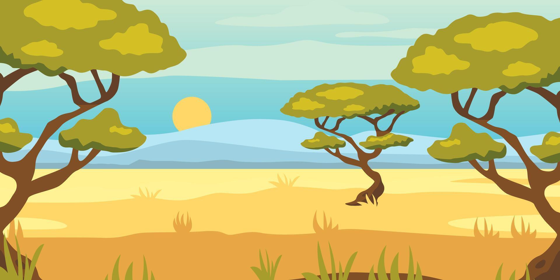 africano sabana paisaje con verde árboles, y llanura pradera campo debajo azul claro cielo, río y selva plantas. Kenia panorámico vista, montañas y horizonte, salvaje naturaleza vector