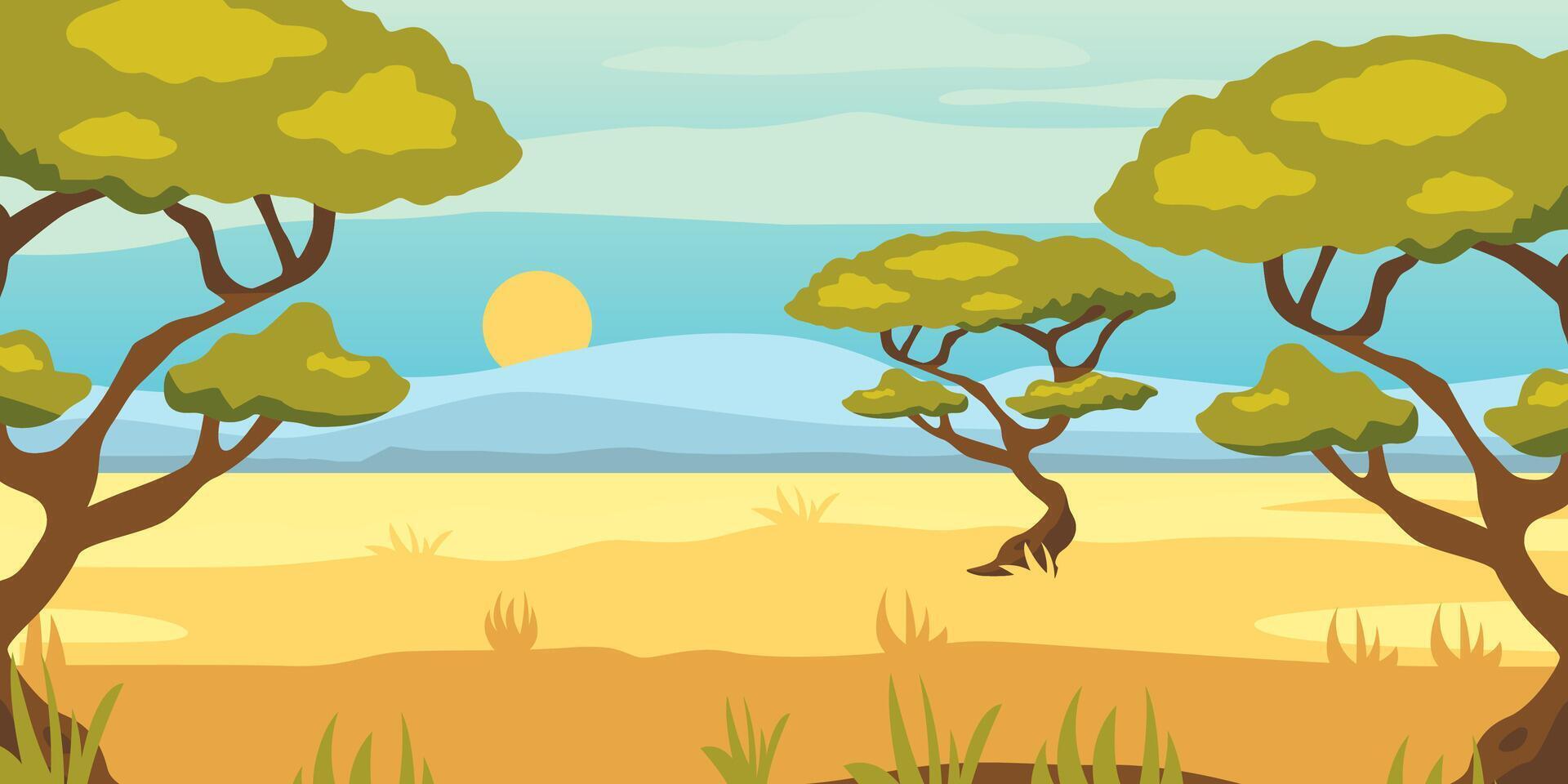 African savannah landscape with green trees, and plain grassland field under blue clear sky, river and jungle plants. Kenya panoramic view, mountains and skyline, wild nature vector