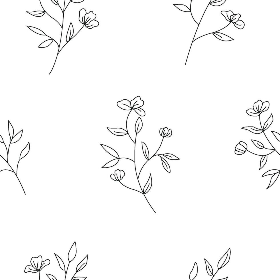 Minimalistic line art pattern with plant branches isolated on white background vector