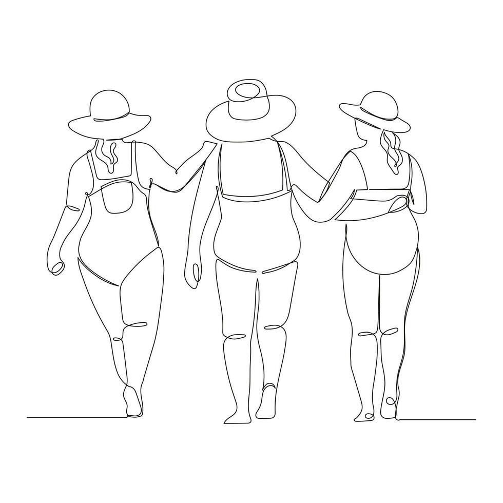 One line continuous drawing of three plus size women vector