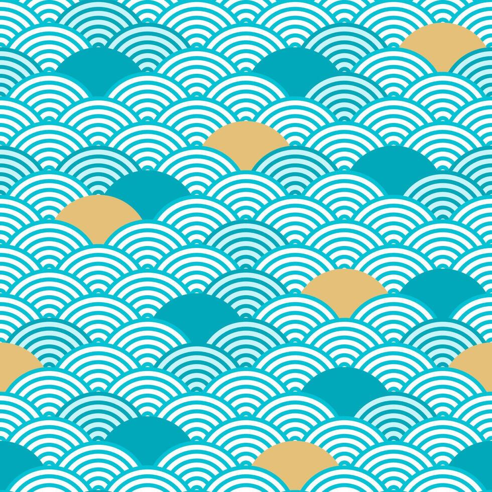 Japanese wave geometric seamless pattern, circle fish scale vector