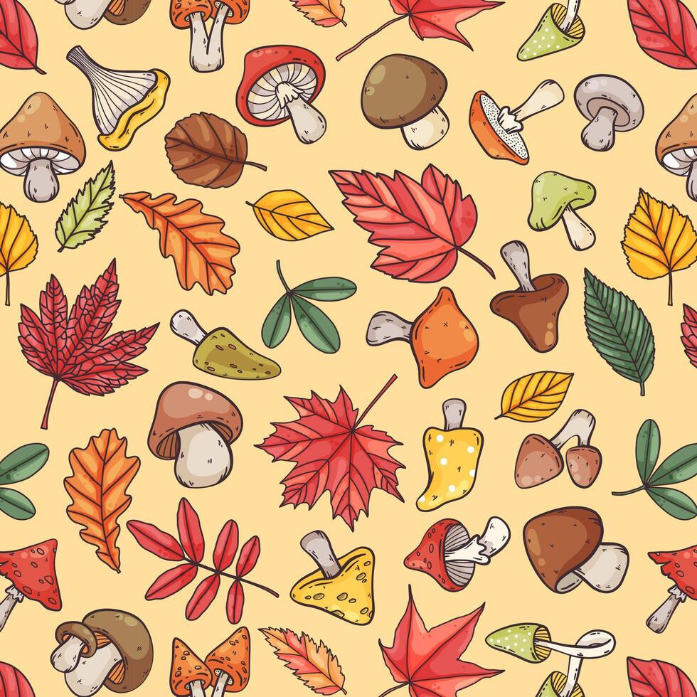 otoño hojas y hongos sin costura patrón, linda dibujos animados línea vistoso estilo, vector ilustración