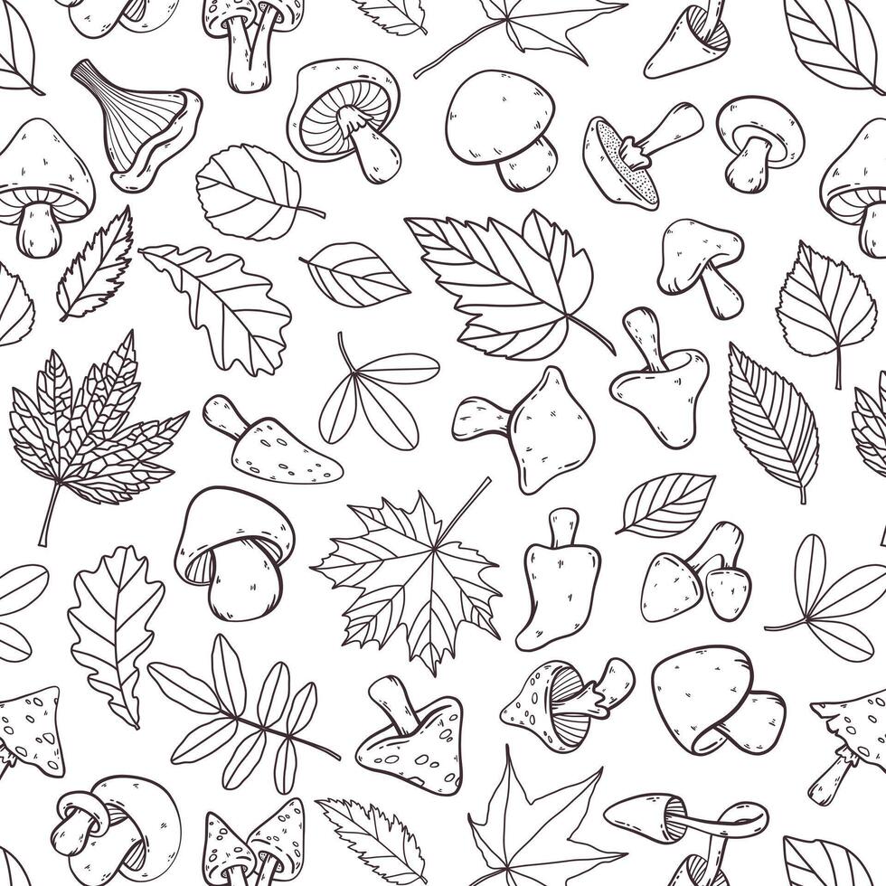 Autumn leaves and mushrooms seamless pattern, cute hand drawn line style, black and white, monochrome, vector illustration