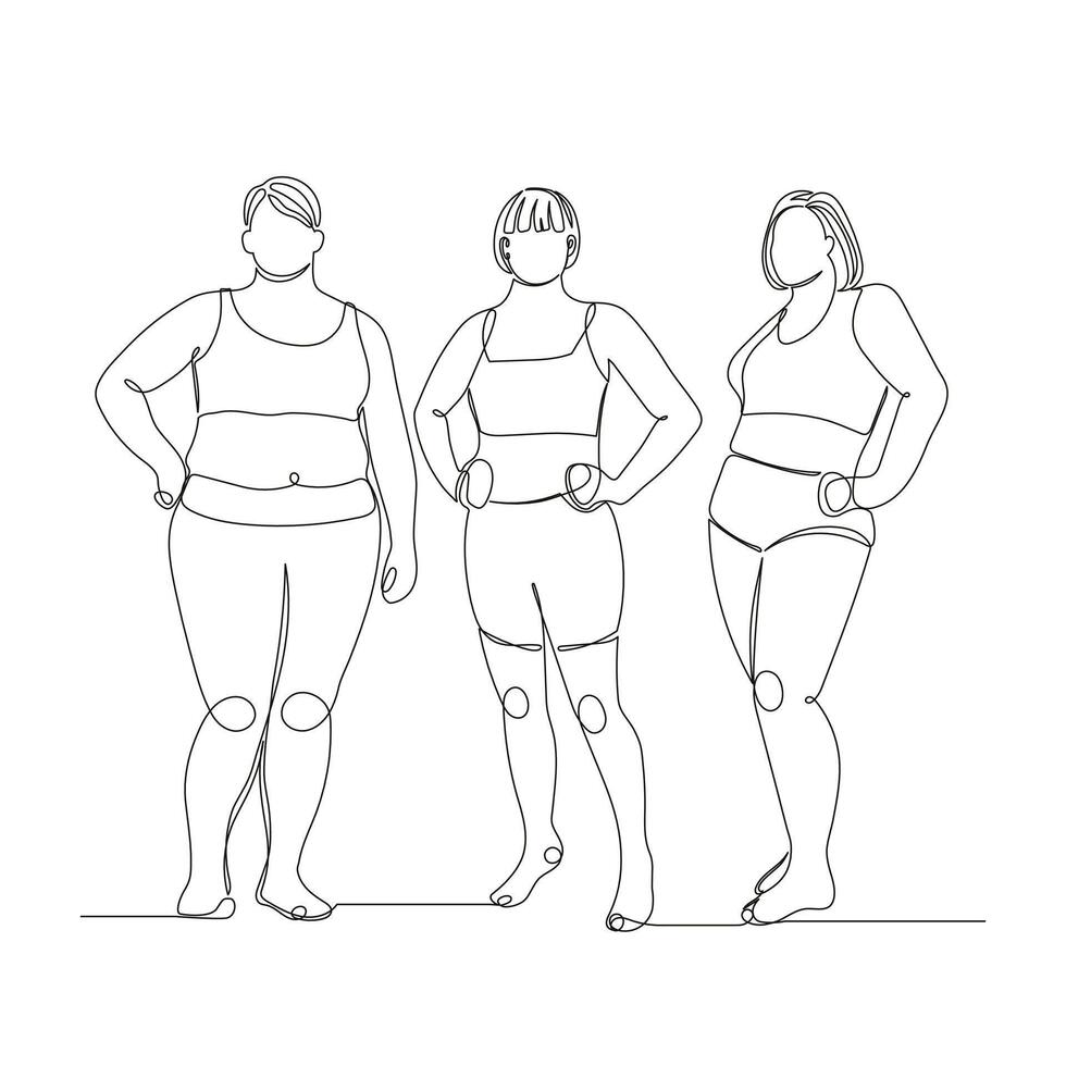 One line continuous drawing of three plus size women vector