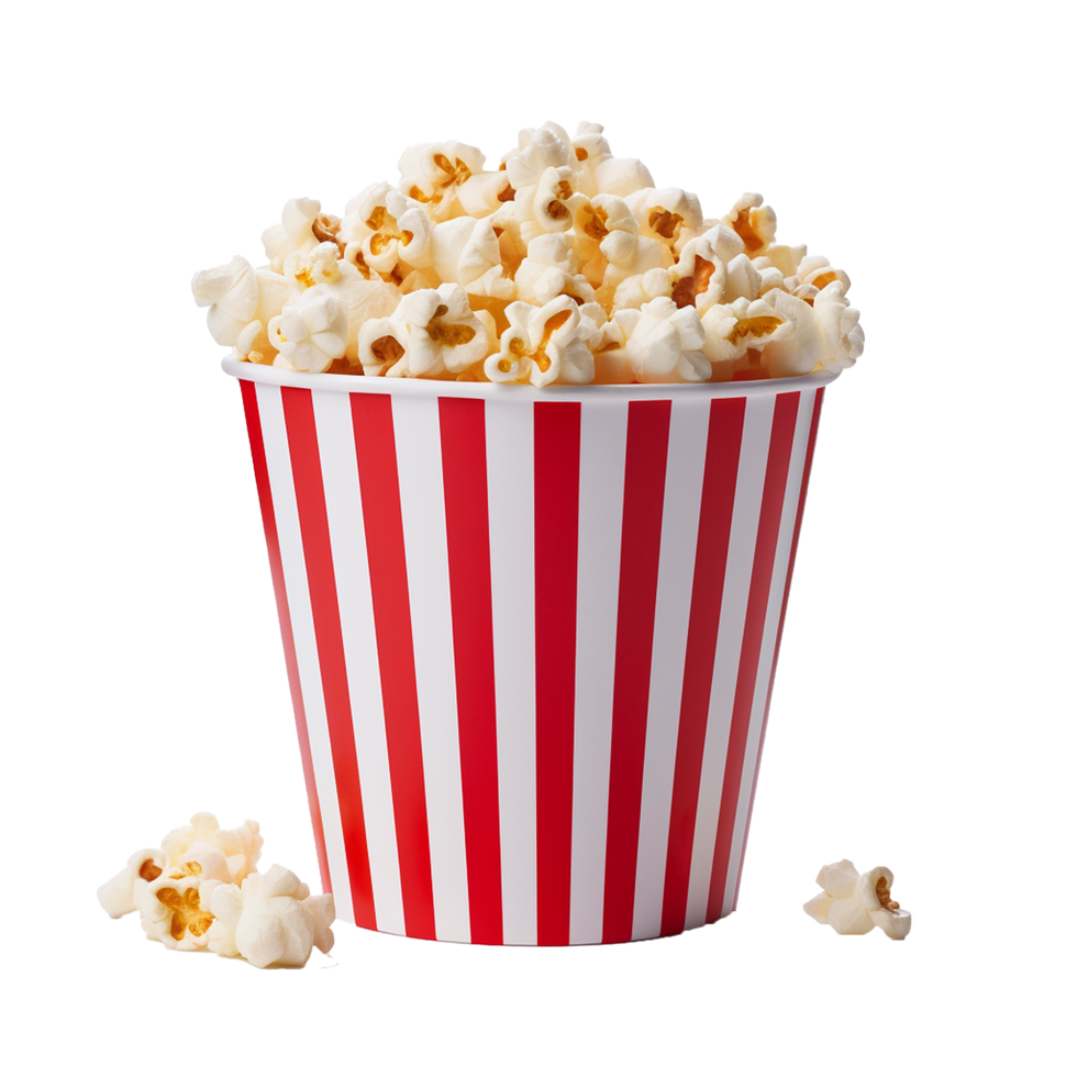 AI generated Tasty popcorns in a white and red strips cup png isolated on transparent background