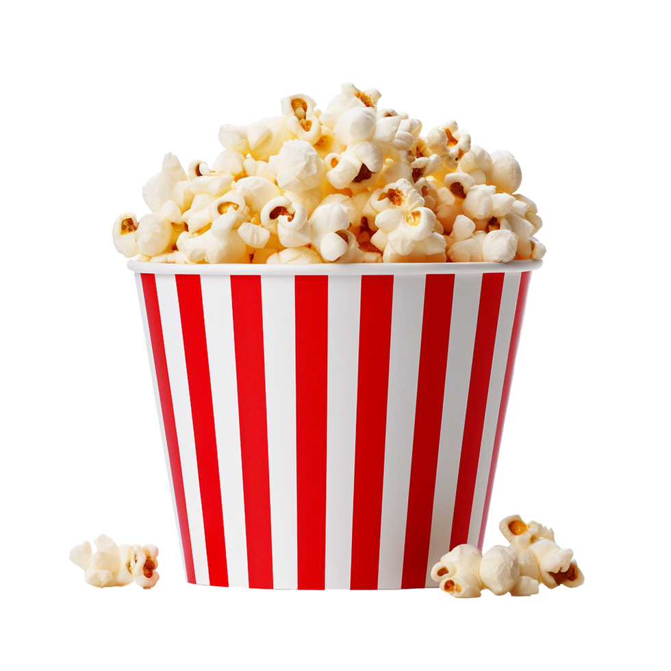 AI generated Tasty popcorns in a white and red strips cup png isolated on transparent background