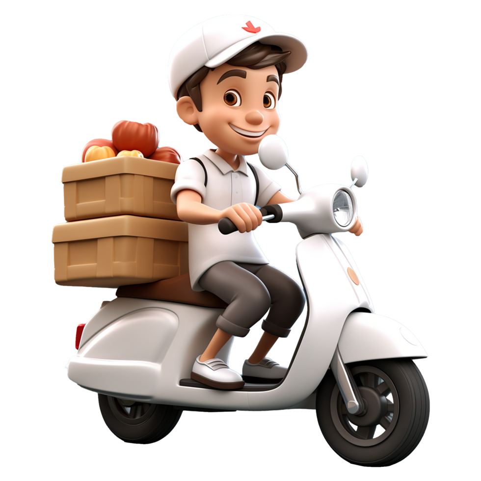 AI generated 3D delivery cartoon character with scooter isolated on transparent background png