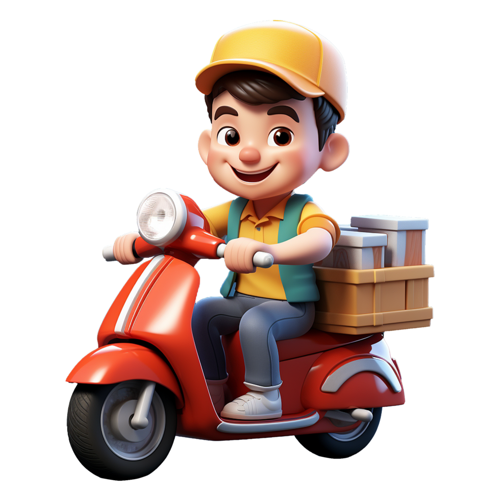 AI generated 3D delivery cartoon character with scooter isolated on transparent background png