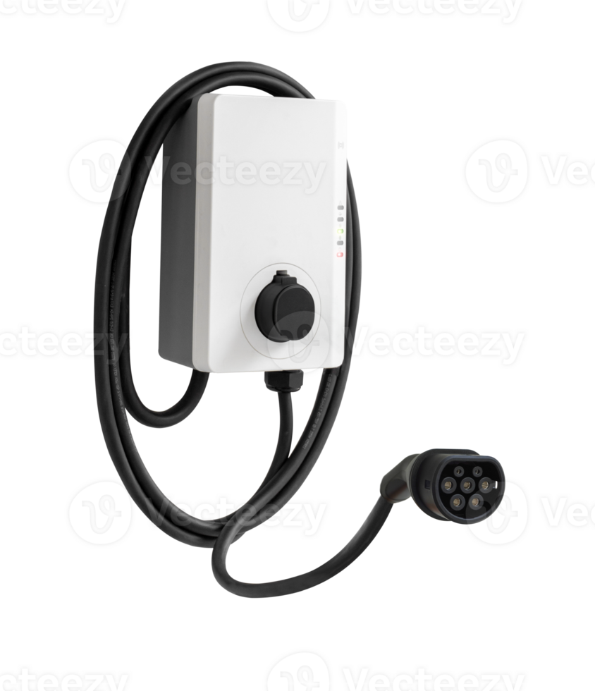 électrique voiture petit Accueil mur chargeur avec câble. vite intelligent intelligent boîte murale ev mise en charge gare. isolé sur transparent Contexte png fichier