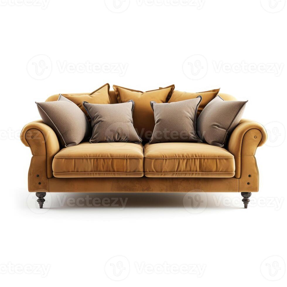 AI generated Soft, comfortable sofa with pillows isolated on white an oasis of relaxation, Ai Generated. photo