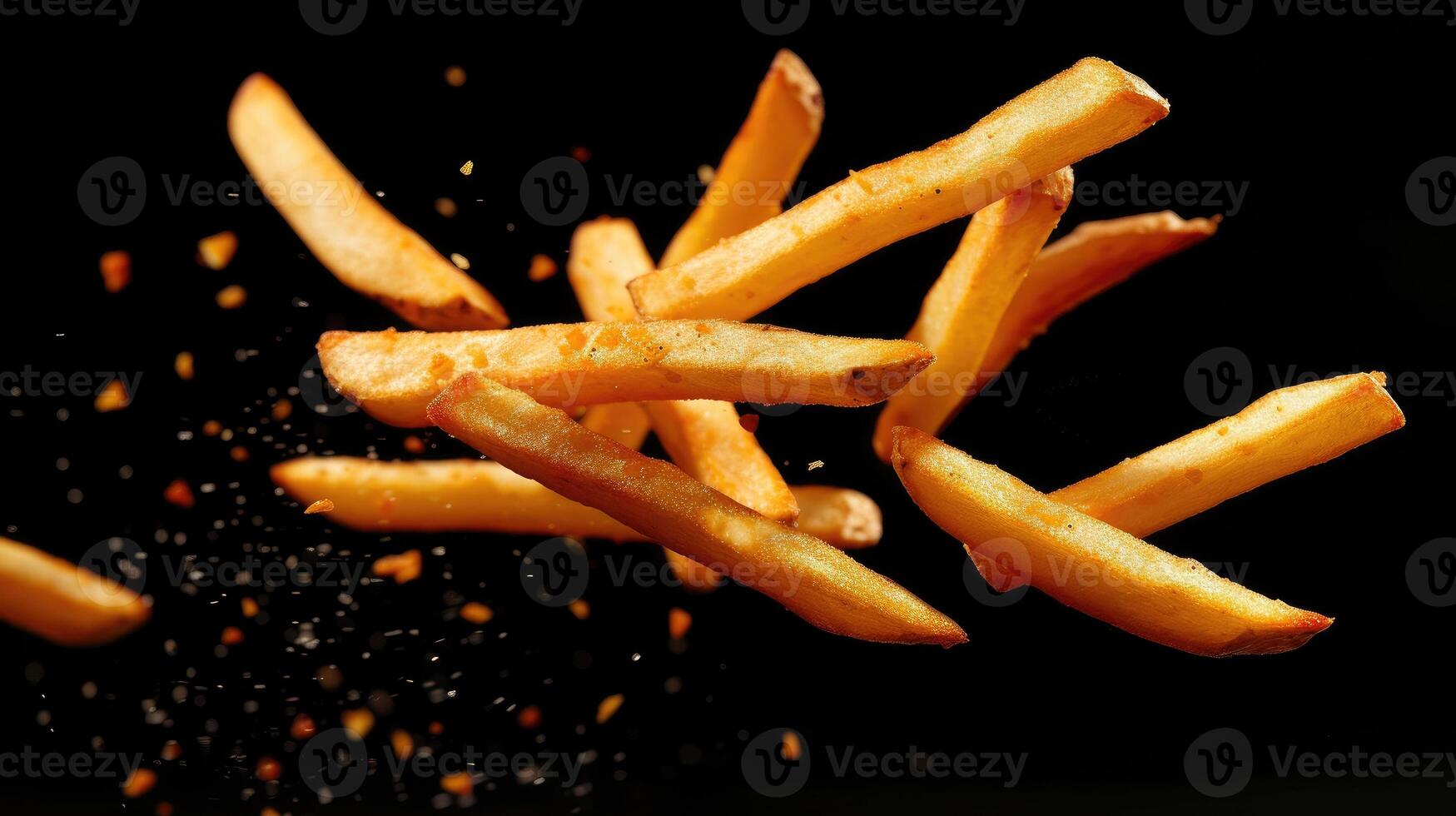 AI generated fried potatoes in mid-air on a black background, a culinary spectacle, Ai Generated. photo