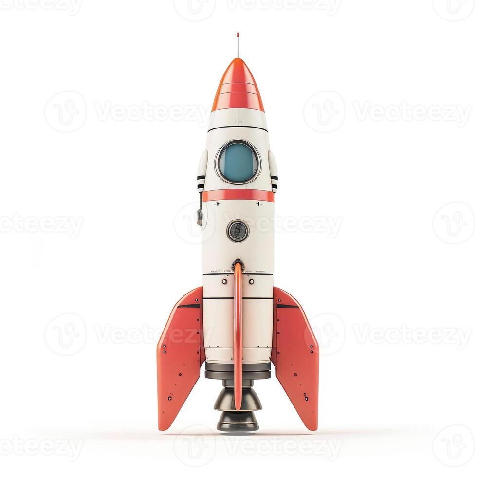 AI generated Futuristic space age rocket stands alone on a white background, an emblem of innovation, Ai Generated. photo