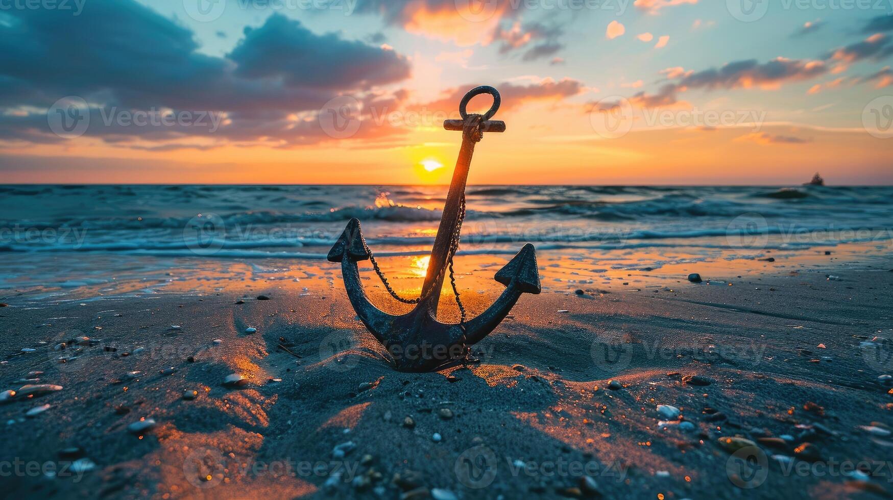 AI generated At sunset, an anchor rests on the sandy beach, a symbol of maritime tranquility, Ai Generated photo