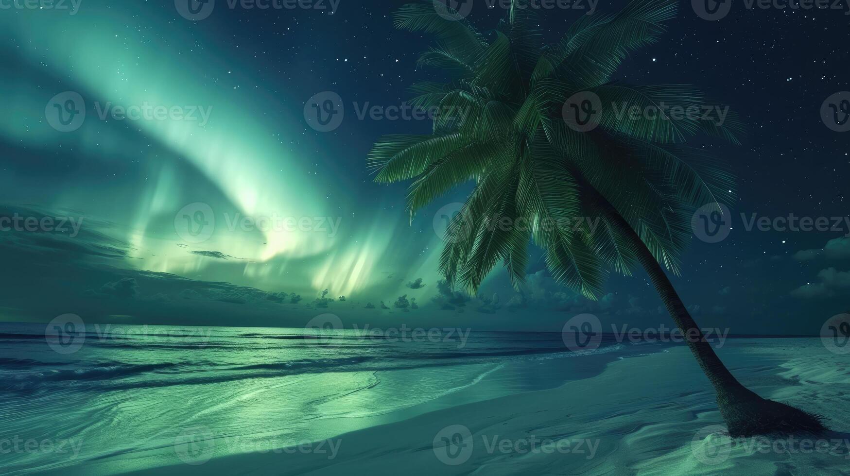 AI generated Tropical beach meets northern lights in a surreal fusion of nature's beauty, Ai Generated photo