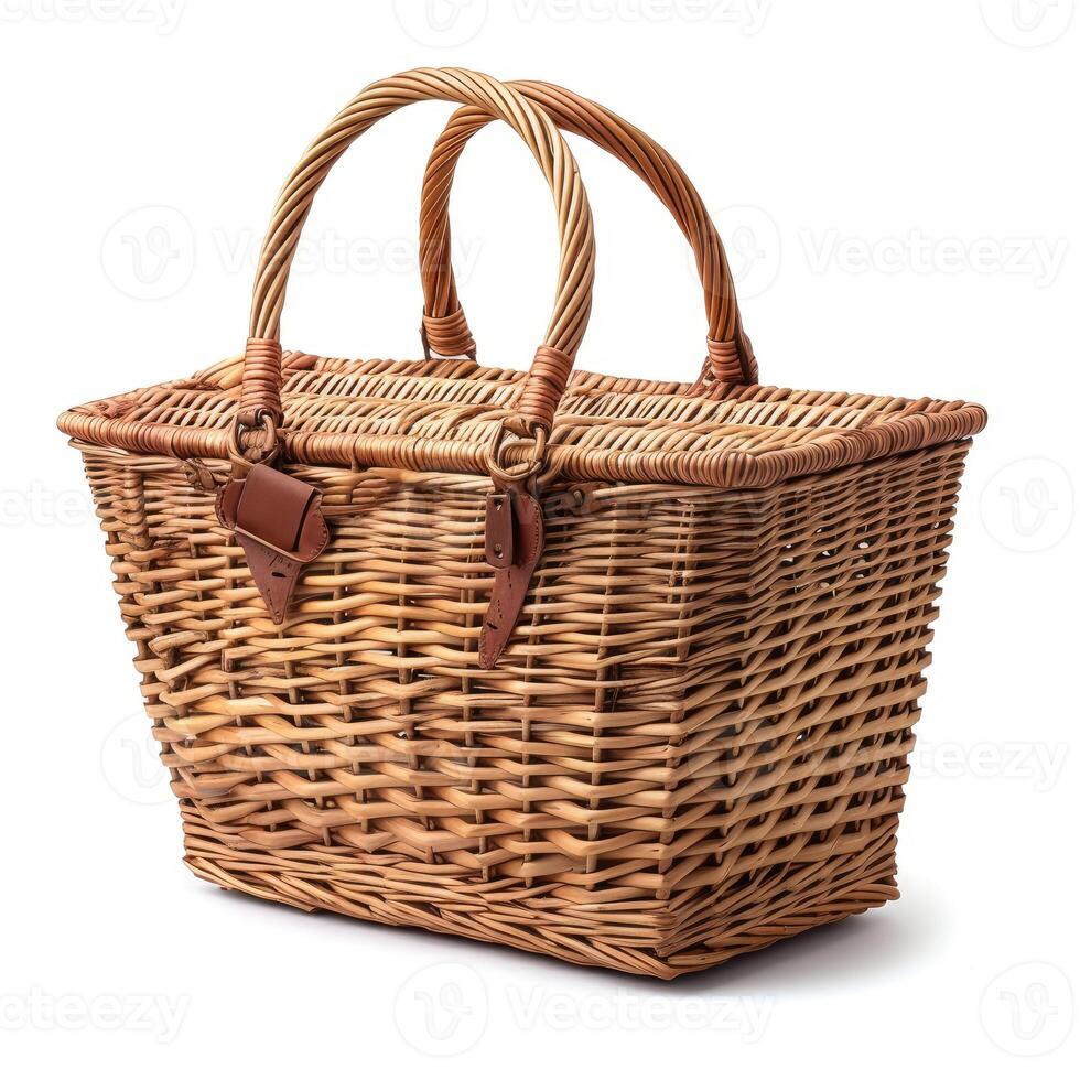 AI generated Handmade woven wicker rattan picnic basket isolated on white background, Ai Generated. photo