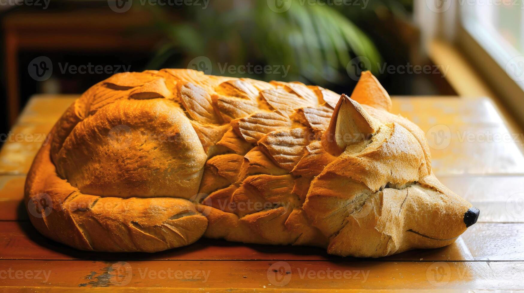 AI generated Unique bread loaf resembling an wolf resting on a wooden table, Ai Generated photo