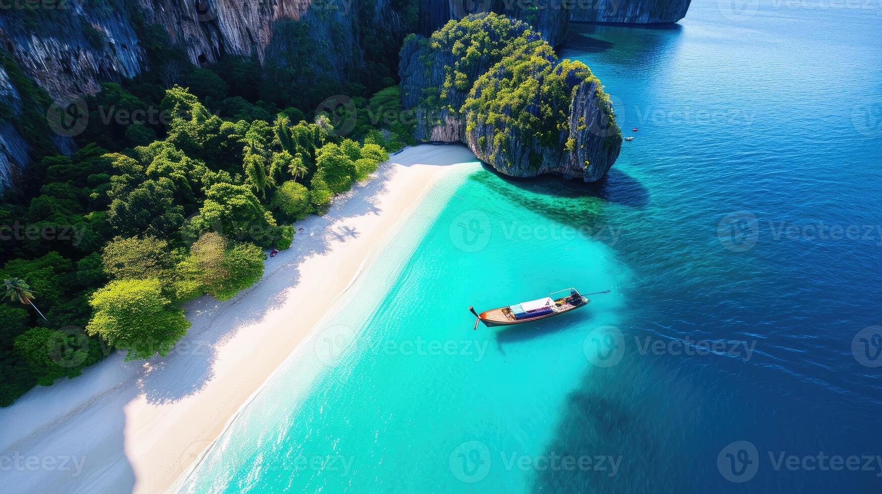 ai generado un hermosa verano paisaje vitrinas un tropical isla con un barco en el océano, ai generado. foto