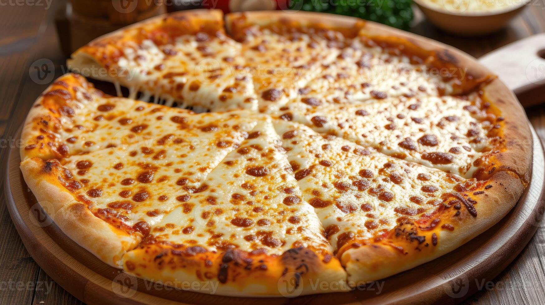 AI generated Irresistible cheese pizza, a delicious blend of melted cheese and perfect crust, Ai Generated. photo