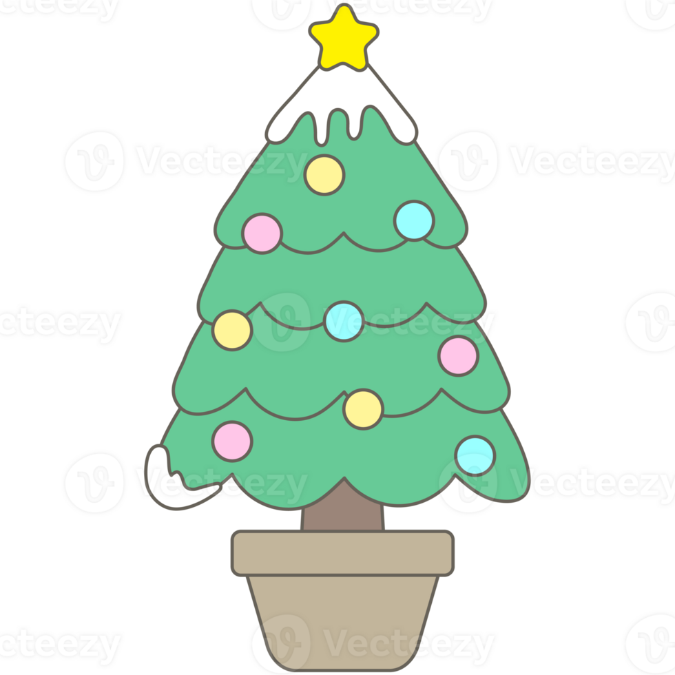 sweet winter snowy christmas tree decorated with colorful ornaments and star on the top png