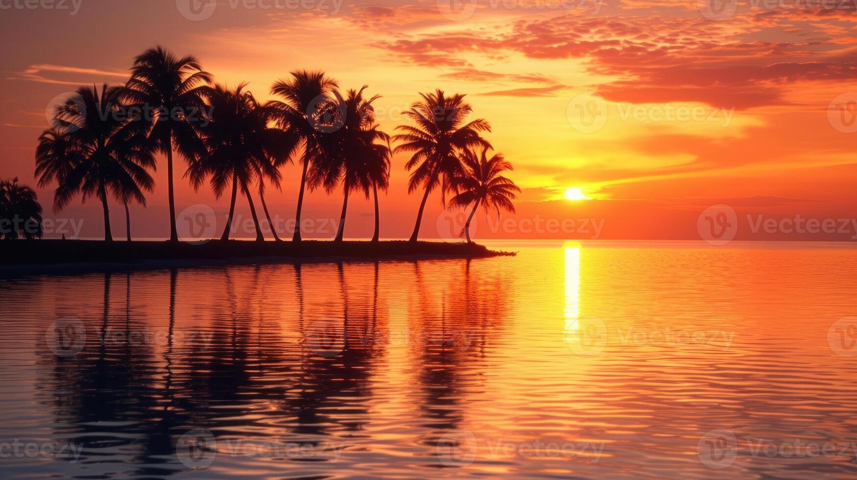 AI generated Sunset casts a warm glow over palm trees by the water's edge, a tropical oasis, Ai Generated photo