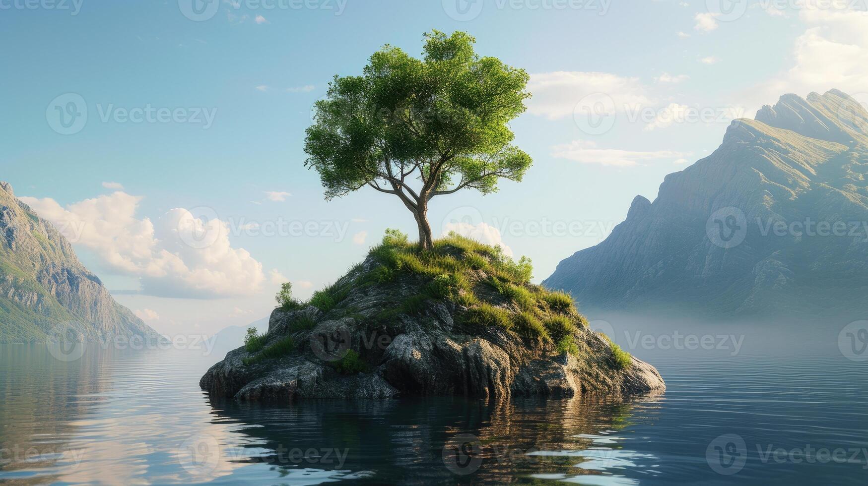 AI generated A solitary tree crowns an idyllic island, a symbol of resilience and serenity, Ai Generated photo